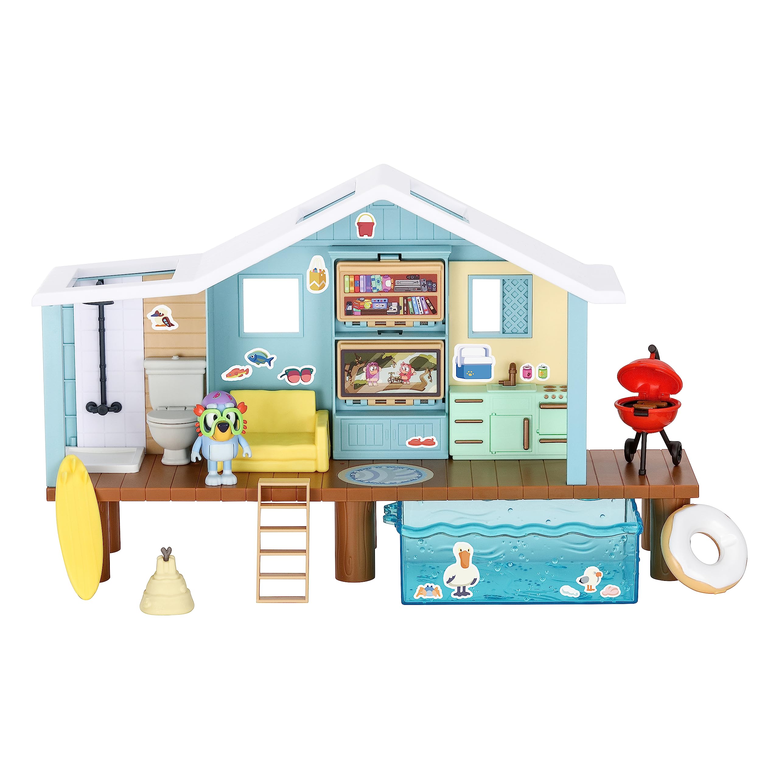 BlueyBeach Cabin Playset, With Exclusive Figure With Goggles. Includes 10 Play Pieces and Sticker Sheet