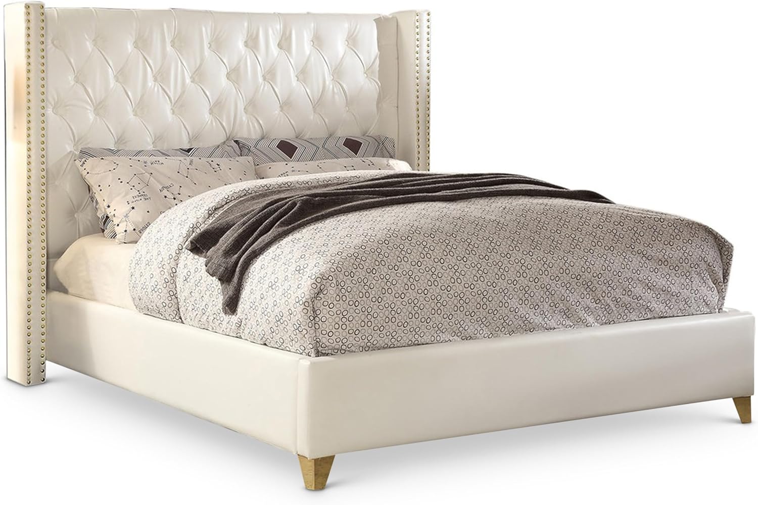 Meridian Furniture Soho Collection Modern | Contemporary Bonded Leather Upholstered Wingback Bed with Deep Button Tufting, Gold Nailhead Trim and Custom Gold Legs, White, Full