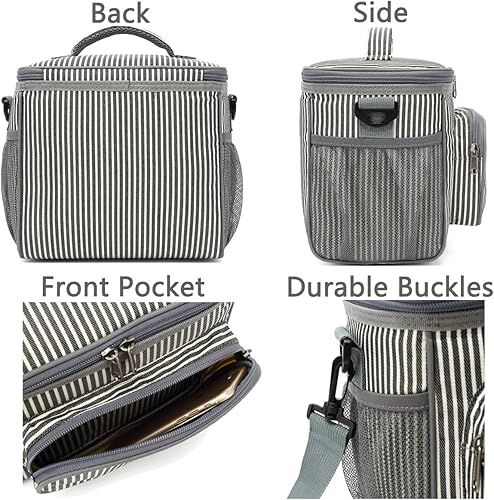 Miniatura 5 de FlowFlyLonchera grande reutilizable con aislante para mujereshombres, con correa ajustable para el hombro, bolsillo frontal con cierre y bolsillos