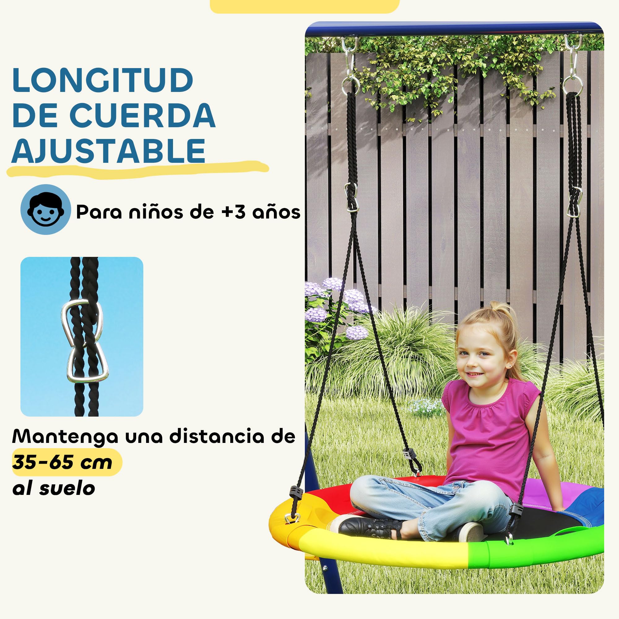 AIYAPLAY Columpios para Niños de +3 Años 6 en 1 Columpios Jardín Exterior con Columpio Nido Cuerda con Disco Red para Escalar Escalera y Aro de Baloncesto Multicolor
