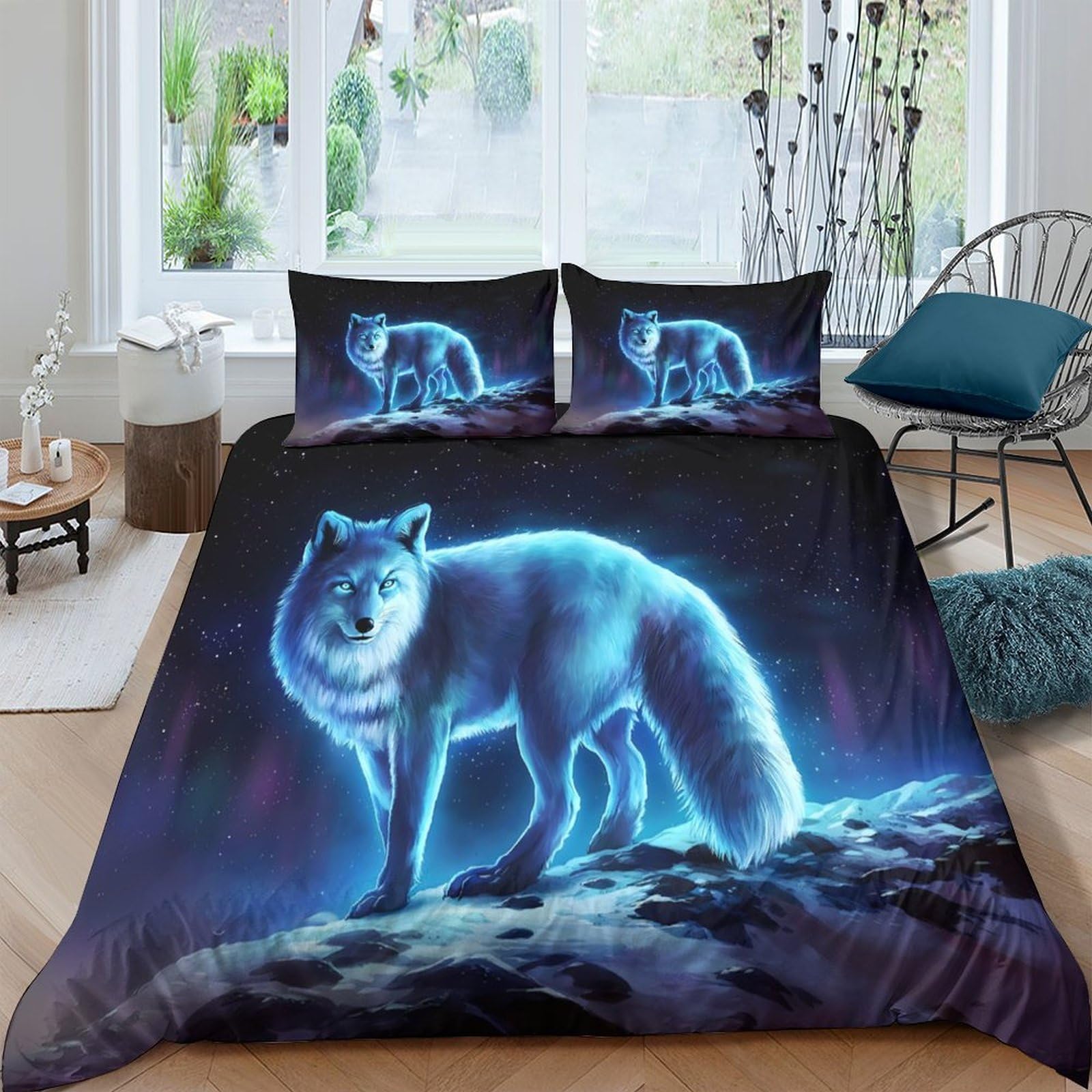 Ctjqhvkz Style-6 3D Printed Luminous Wolf Fitted Sheet Microfiber Soft Breathable Aurora Forest Bed Cover For Bedroom Dorm Decor Single（135X200cm）