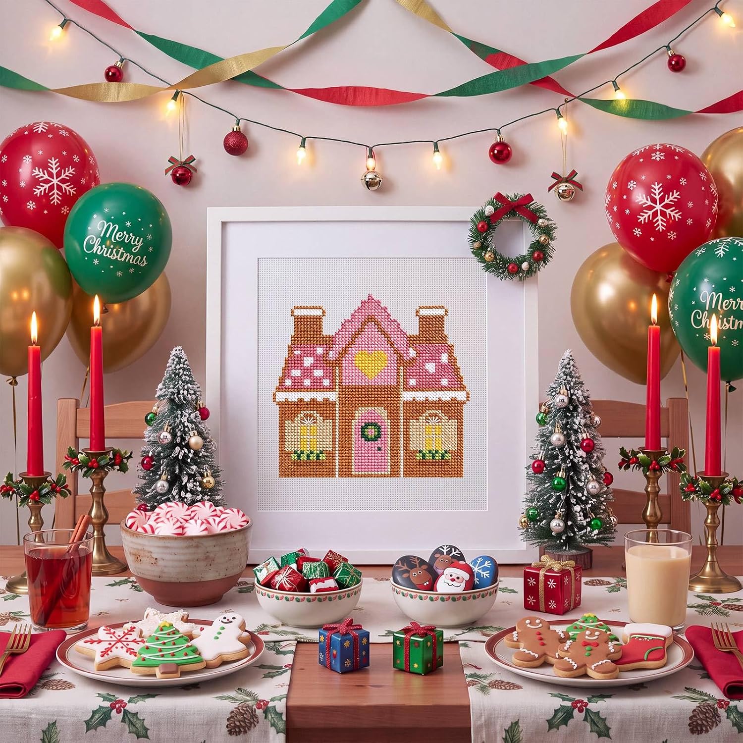 XunYee 18 Mesh Needlepoint Canva for Beginner, Gingerbread House