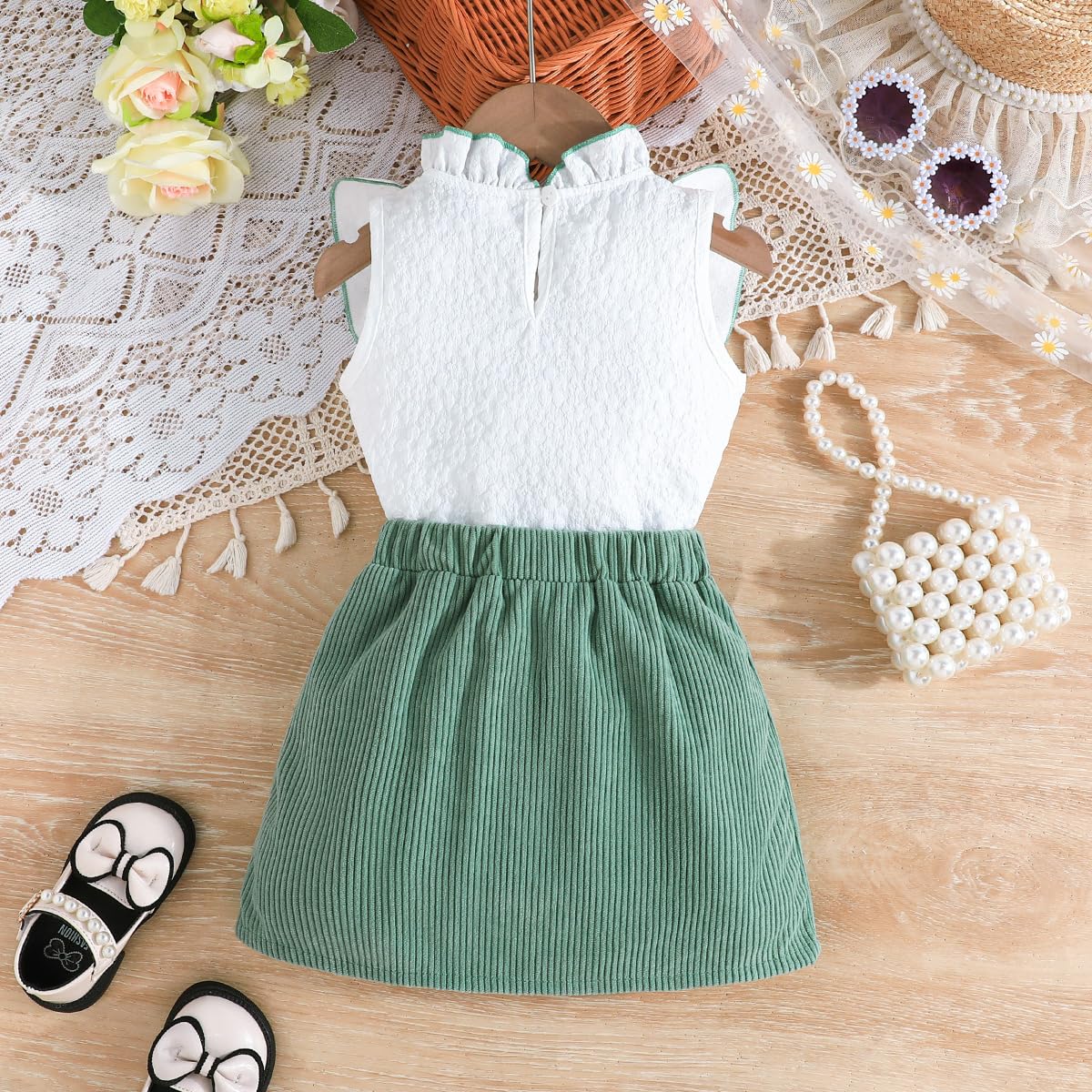 Ensemble Bébé Fille Été Sans Manches à Volants Tops + Bouton Mini-Jupe à Nœud Papillon 2 Pièces Ensemble Élégant Vêtement Tenues