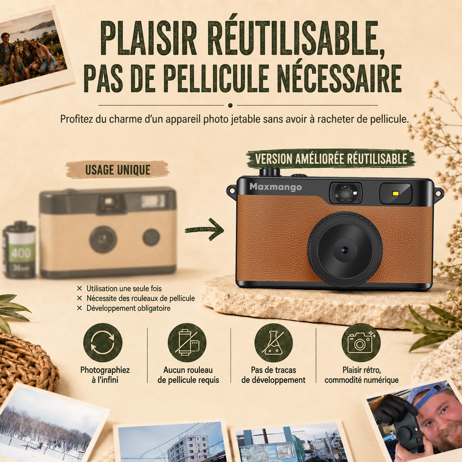 Maxmango D53 Appareil Photo Vintage sans Écran, Numérique Rétro 12 MP, Filtres DIY, Transfert USB-C, Carte SD 8 Go, Marron