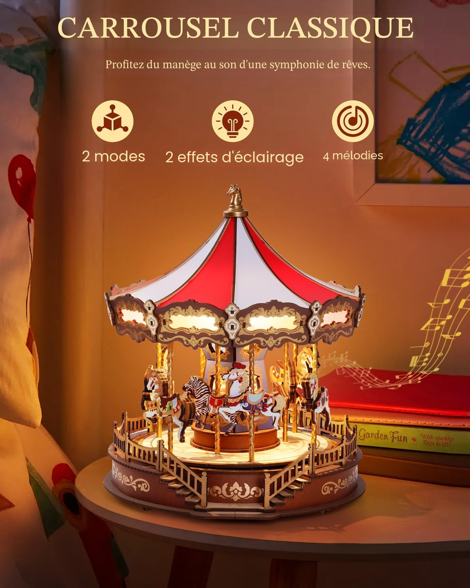ROBOTIME Boîte à Musique carrousel Classique Puzzle en Bois 3D avec lumières LED, Maquette en Bois a Construire Kits de modélisme pour Adultes à Construire
