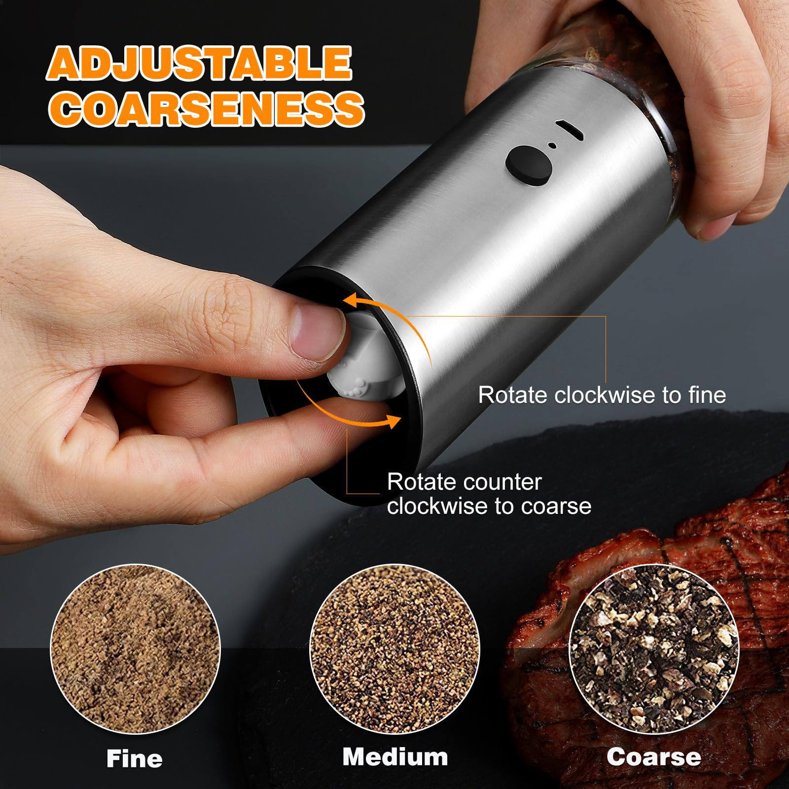 iplusmile Elektrische Pfeffermühle aus Edelstahl Verstellbarer Mahlgrad mit USB Aufladung und Einhändiger Bedienung für Salz und Gewürze für Camping und Picknick