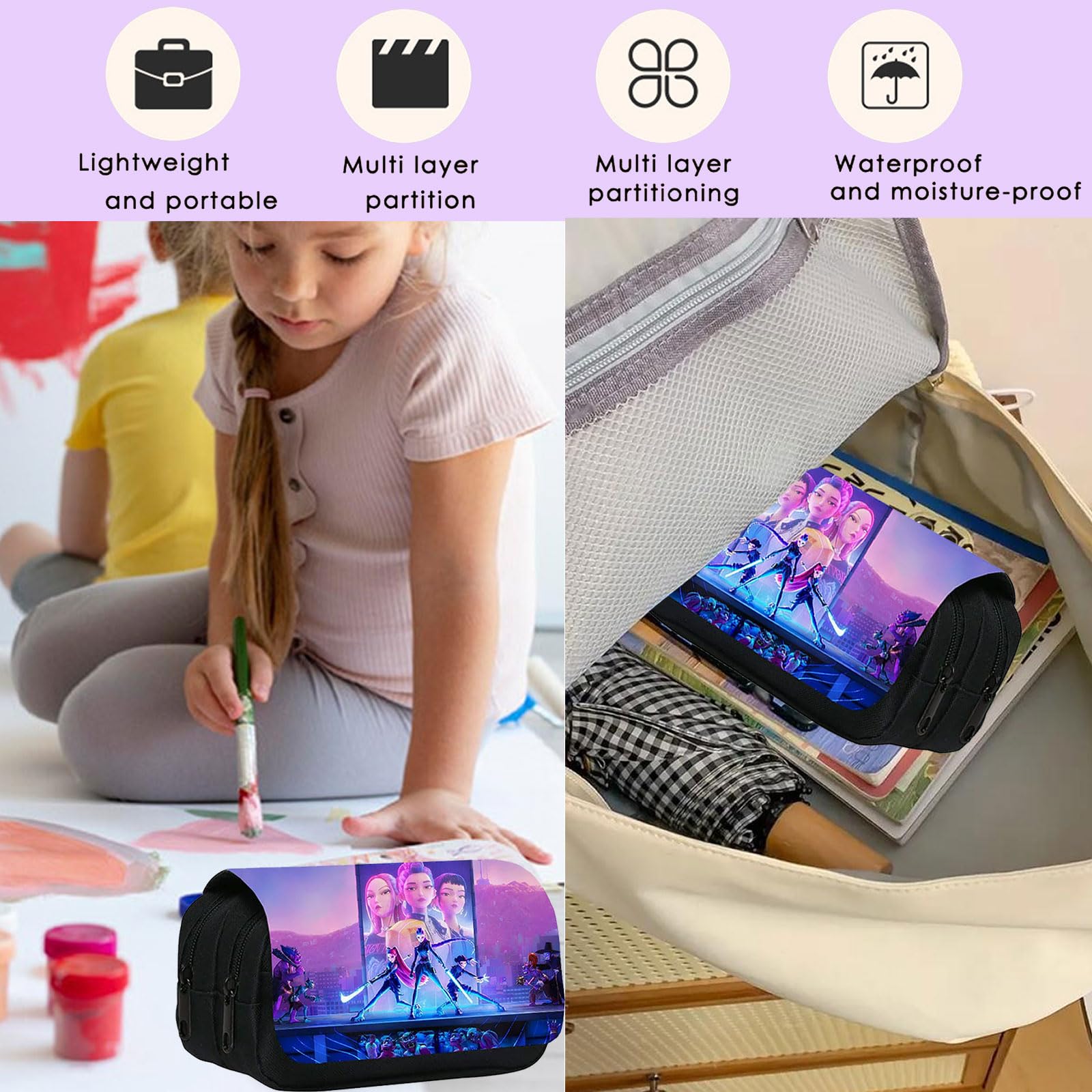 Astuccio per ragazze con cerniera grande capacità 3 scomparti scuola ufficio contenitore trucchi