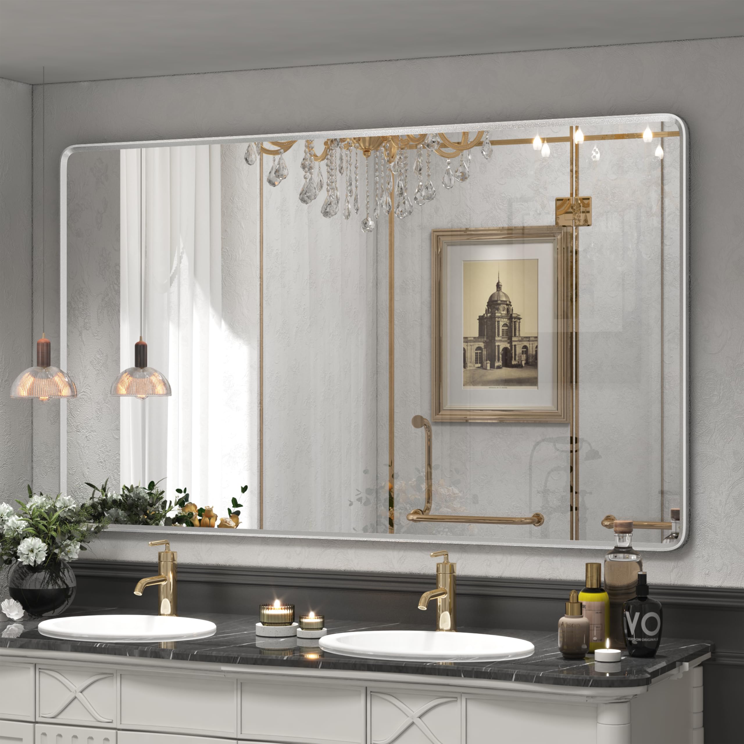 66x40 Inch Silver Framed Mirror, Silver Bathroom Vanity Mirror for Wall, Brushed Nickel, Rounded Rectangle Mirror, Shatterproof, Anti-Rust (Horizontal/Vertical)