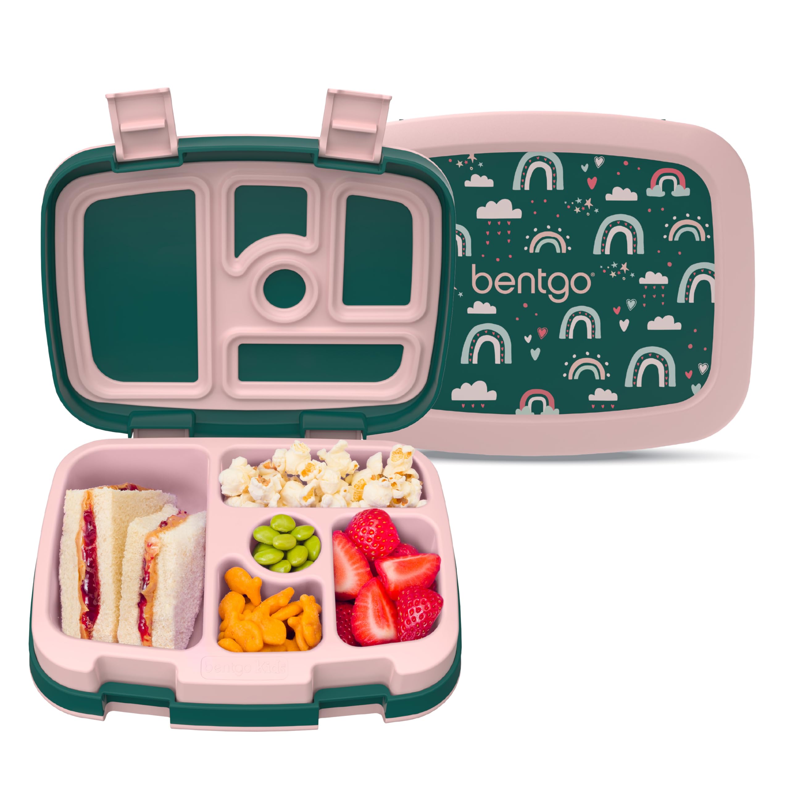 Bentgo Kids Prints Leak-Proof, 5-Compartment Bento-Style Kids Lunch Box - Ideal Portion Sizes for Ages 3-7, Durable, Drop-Proof, Dishwasher Safe, &amp; PFAS &amp; BPA-Free Materials (Green Rainbow)