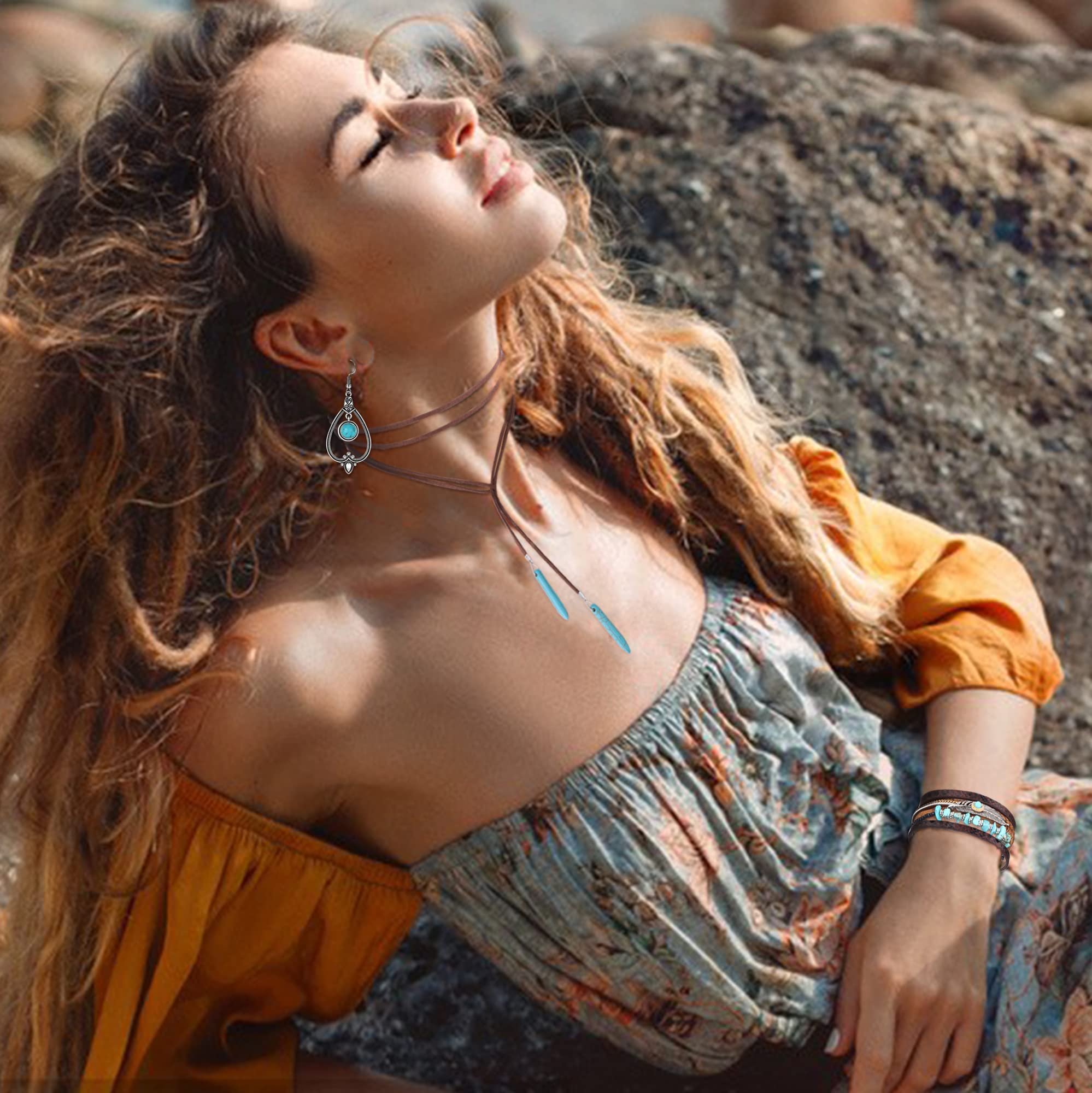 JeweBella Zestaw biżuterii damskiej w stylu boho w stylu vintage, turkusowy, wisiorek w stylu boho, turkus, bransoletka, biżuteria indiańska, biżuteria vintage, turkusowa, biżuteria, boho, kamizelka,