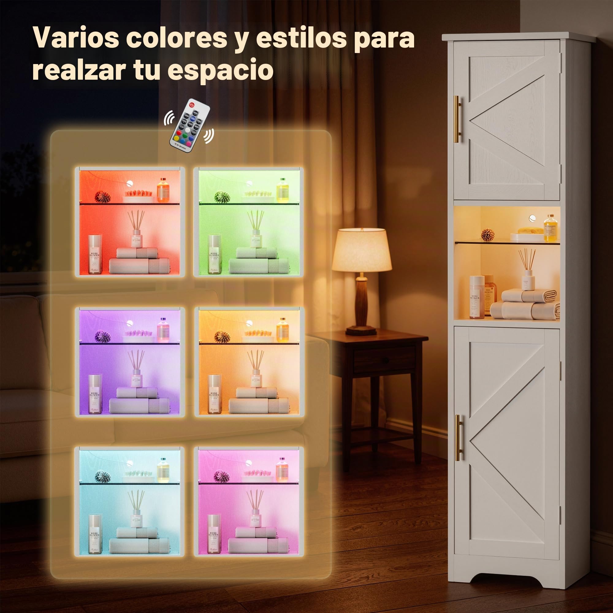 Armario Baño Estrecho con LED, 170x40x30 cm, Mueble Baño Madera, Estantería Nicho con Estantes Cristal Regulables, Armario Alto Multifuncional para Salón, Dormitorio y Baño