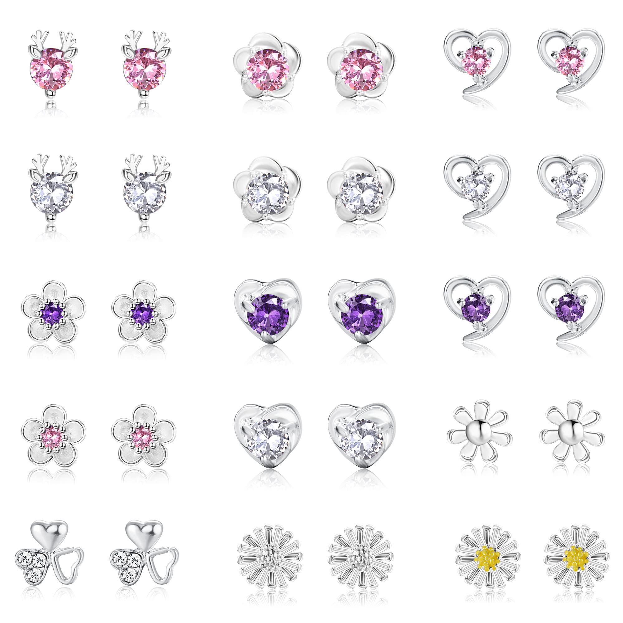MILACOLATOJuego De 15 Pares De Pendientes De Tuerca Plata De Ley 925 Con Circonita Cúbica Cristal De Perla Redondo Forma De Corazón Circonita Cúbica Flor Pendientes De Tuerca Mujeres y Niñas