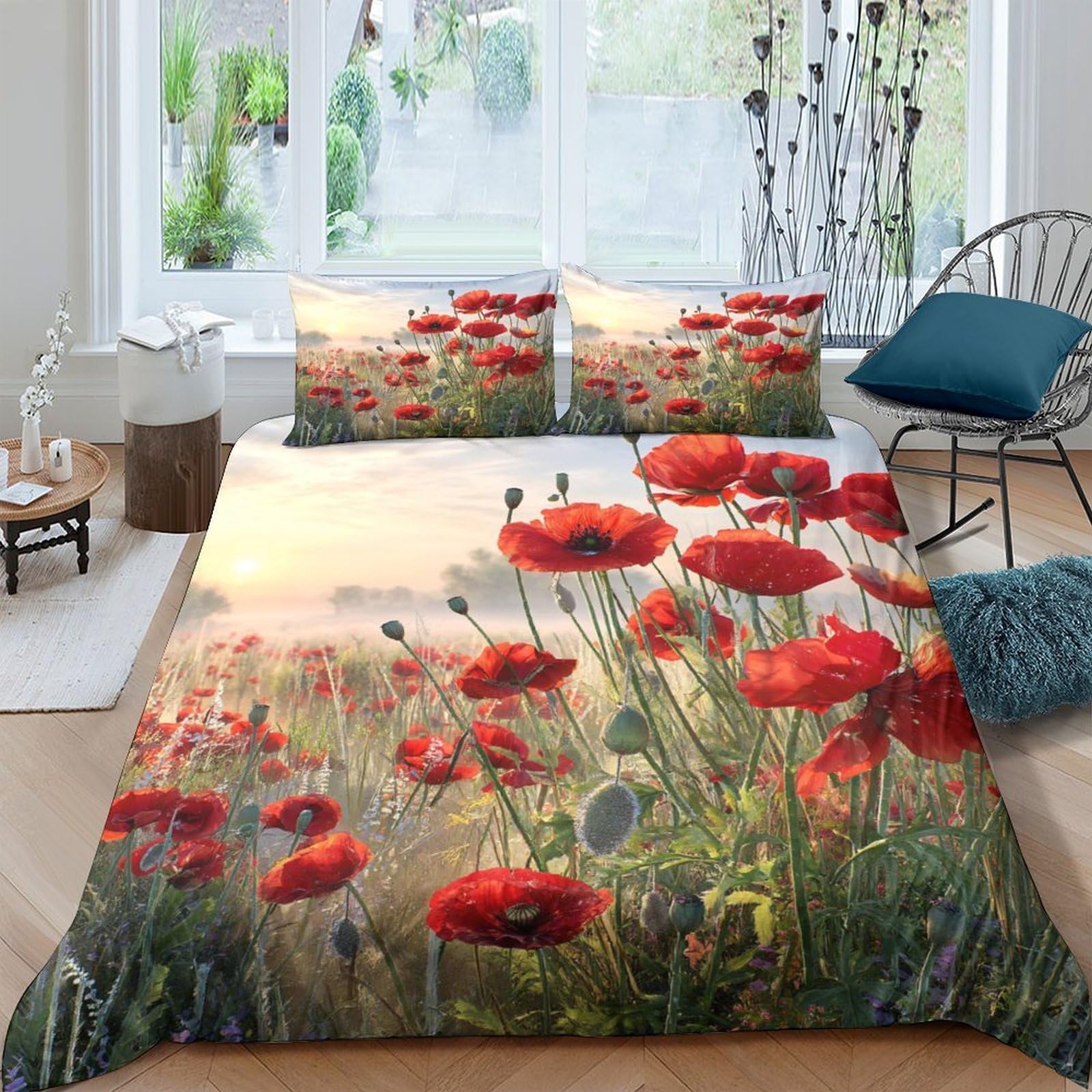 Ctjqhvkz Style-7 3D Printed Red Poppy Field Fitted Sheet Microfiber Soft Breathable Meadow Sunrise Mattress Cover Bedroom Decor Single（135X200cm）