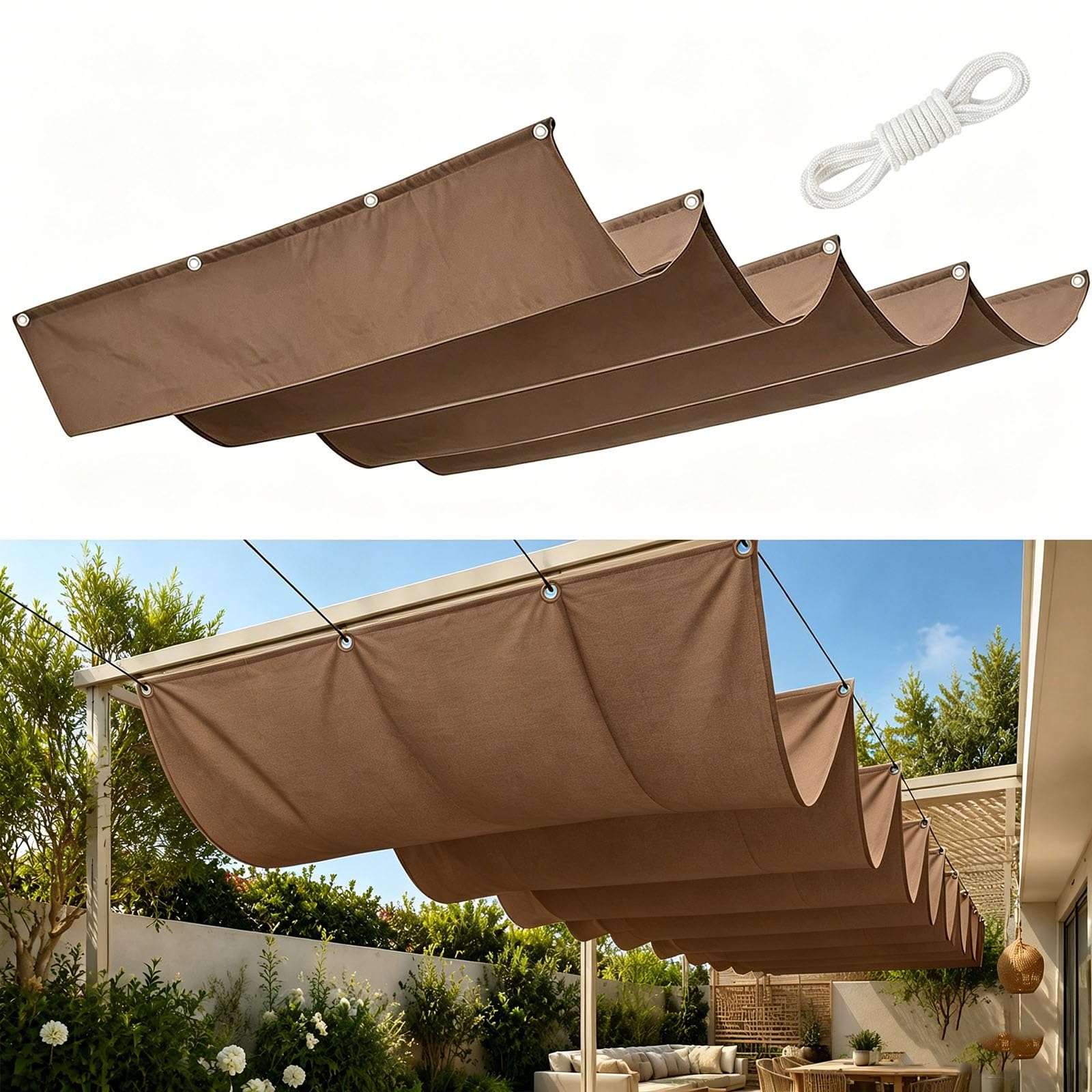 Voile ombrage vague rétractable brun 1.1x7m rectangulaire imperméable contre le vent