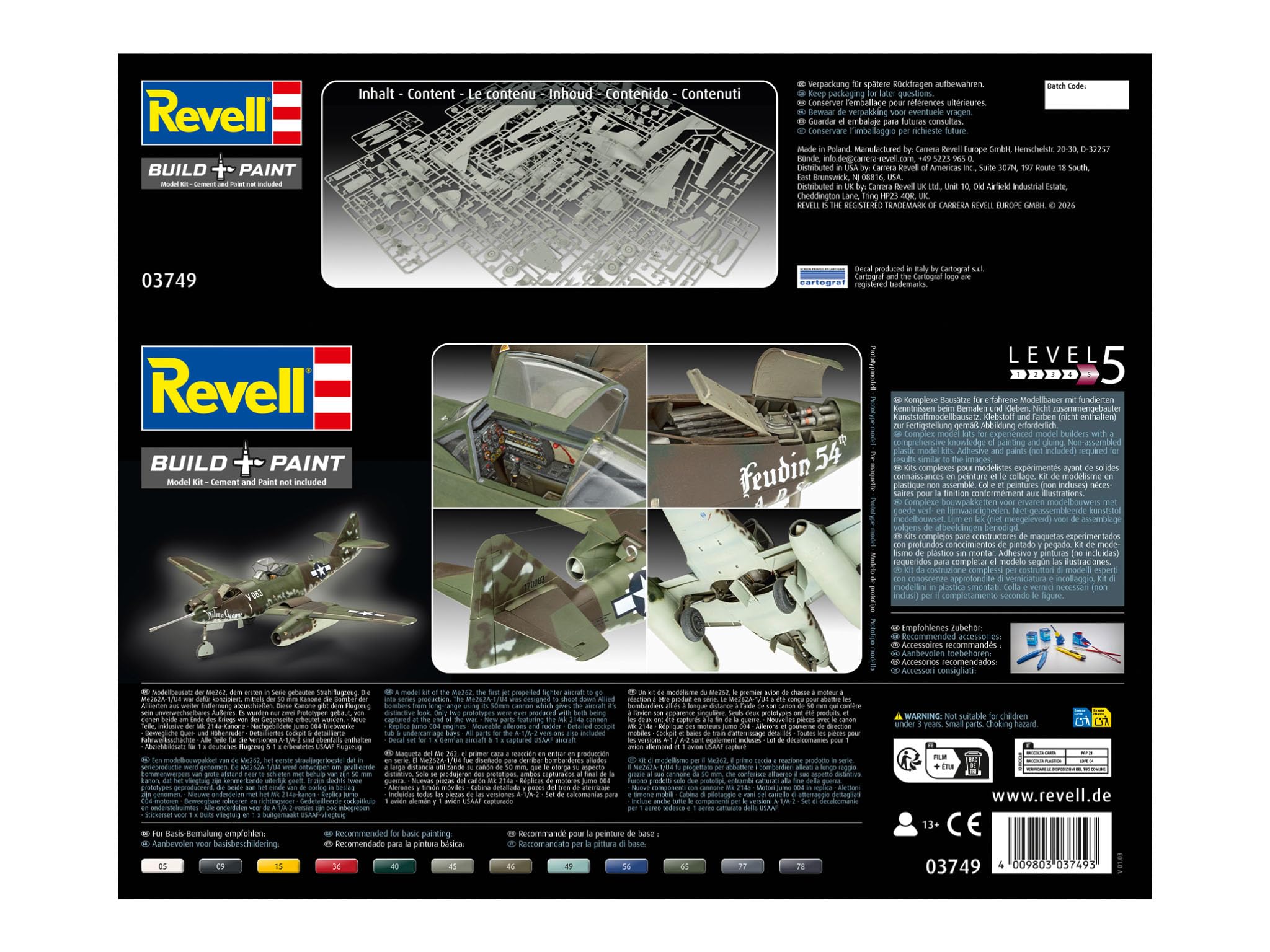 Revell Knivschmitt Me262A-1a/U4 | Knivschmitt Me262 Zestaw do modelowania 1:32 z 220 częściami | Samolot WW2 z armatą 50 mm | Poziom 5 od 13 lat