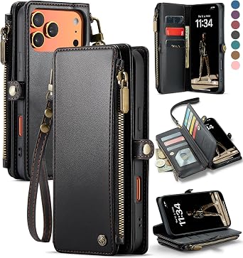 Defencase for iPhone 17 Pro Wallet Case with RFID Card Holder, Black | Durable Soft PU Leather, with Zipper Pocket, Wrist Strap, Fashion Snap Flip Phone Cases Cover with Stand for Women and Men