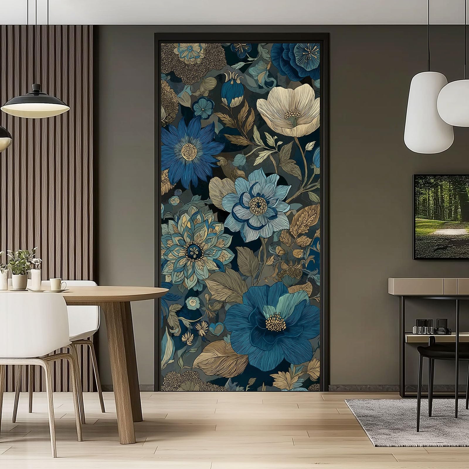 Naklejka na drzwi 3D, samoprzylepna, PCW, 90 x 200 cm, zdejmowana, niebieska, wodoszczelna, do sypialni, kuchni, łazienki, biura, tapeta na drzwi - vintage wykwintny motyw dalii, naklejka na drzwi