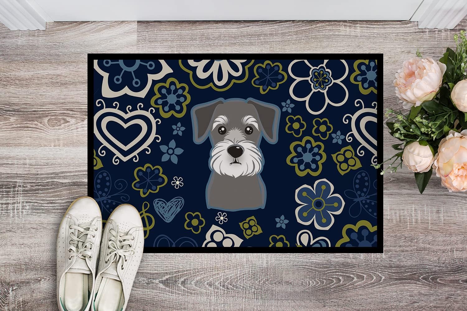 Caroline's Treasures BB5057JMAT Blue Flowers Schnauzer Doormat 24x36 Front Door Mat Indoor Outdoor Rugs for Entryway, Non Slip Washable Low Pile, 24H X 36W