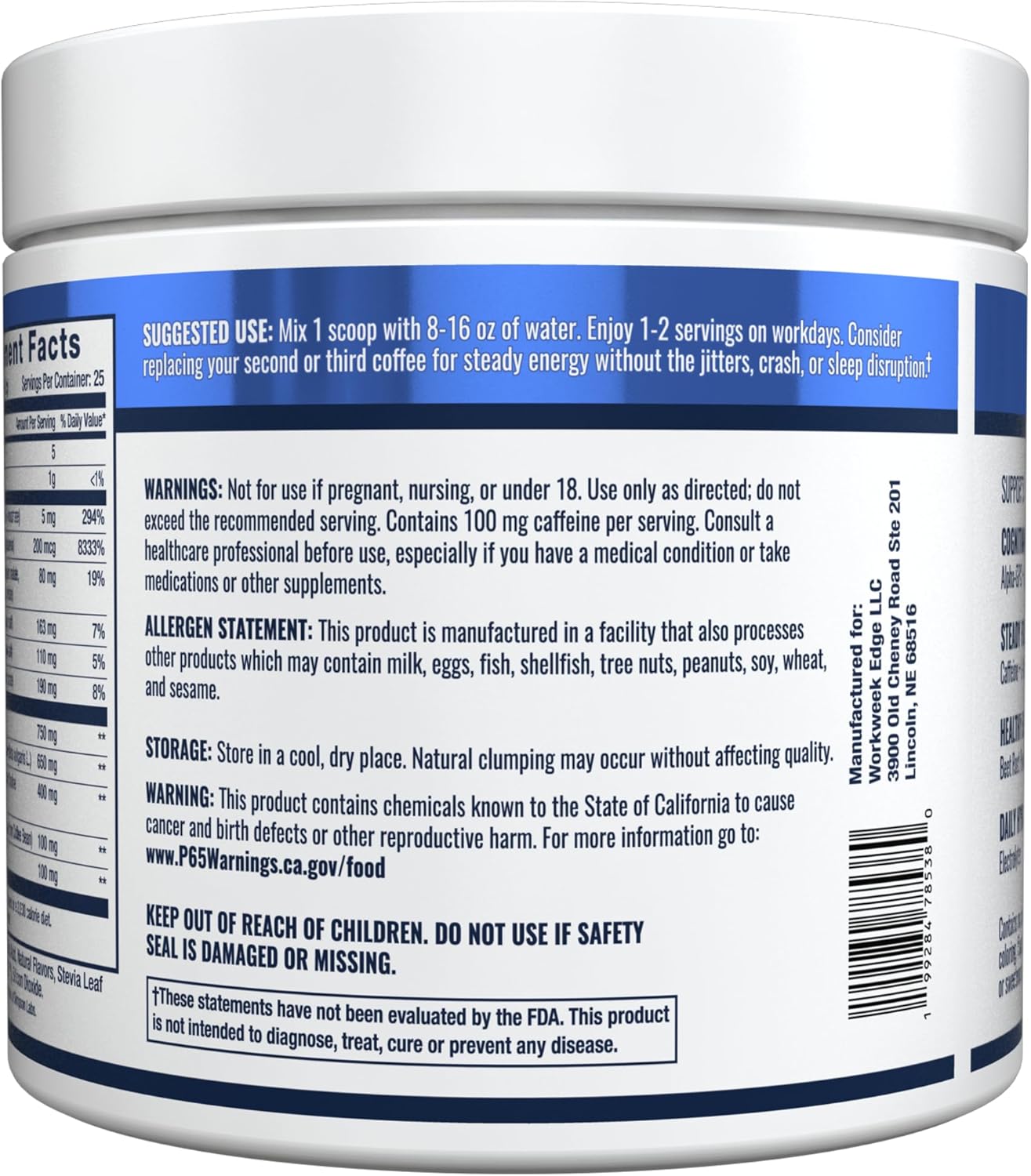 Focus & Energy Drink Mix Powder – Zero Sugar, 100mg Caffeine + L-Theanine + L-Tyrosine Calm Nootropic Supplement for Steady Focus & Clean Energy – (25 Servings)