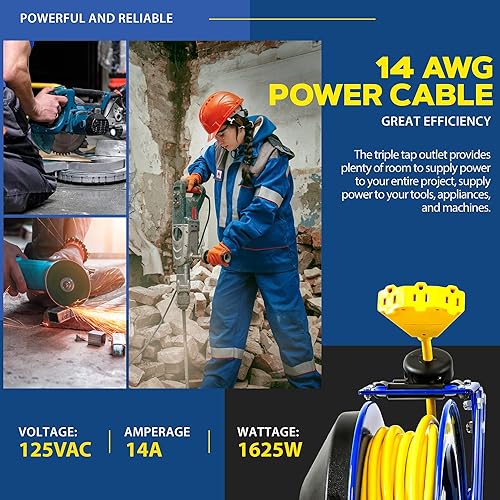 Miniatura 3 de Goodyear Carrete de cable de extensión retráctil de 14 AWG x 100 pies 3C SJTOW Cable SJTOW Conector triple Clasificación de potencia 125 voltios CA