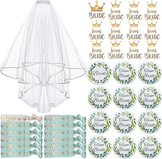 TZEKING 37 Stück JGA Braut Button Set,Team Bride JGA Buttons,12 Bride Buttons+12 Bride Tattoo Aufkleber+12 Bride Armband+1 Schleier,Jungesellinnenabschied Frau Accessoires,JGA Deko Accessoires