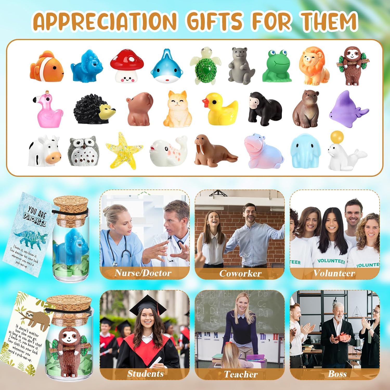 Fumete 75 Sets Emotional Positive Support Resin Animal Employee Appreciation Gift Bulk Animal Pun Note Card Bottle Raffia for Vet Tech Coworker Staff Medical Assistant Halloween Party Favor