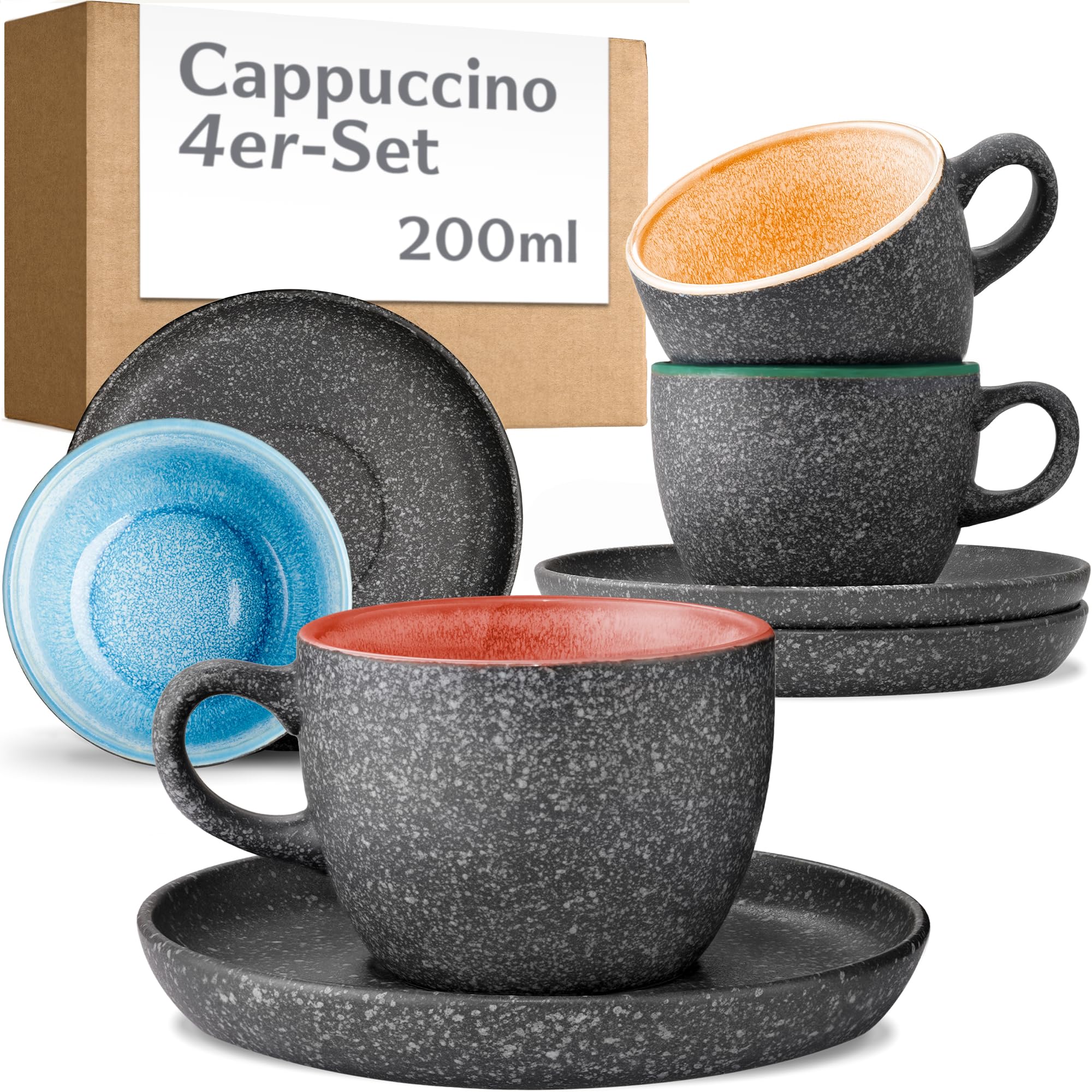 Cosumy Cappuccino Tassen mit Untertassen 4er Set - 200ml Kaffeetassen aus Keramik - 𝗗𝗶𝗰𝗸𝘄𝗮𝗻𝗱𝗶𝗴𝗲𝘀 Steingut - Handgefertigte Reaktiver Glasur Bunt - Hält Lange Warm