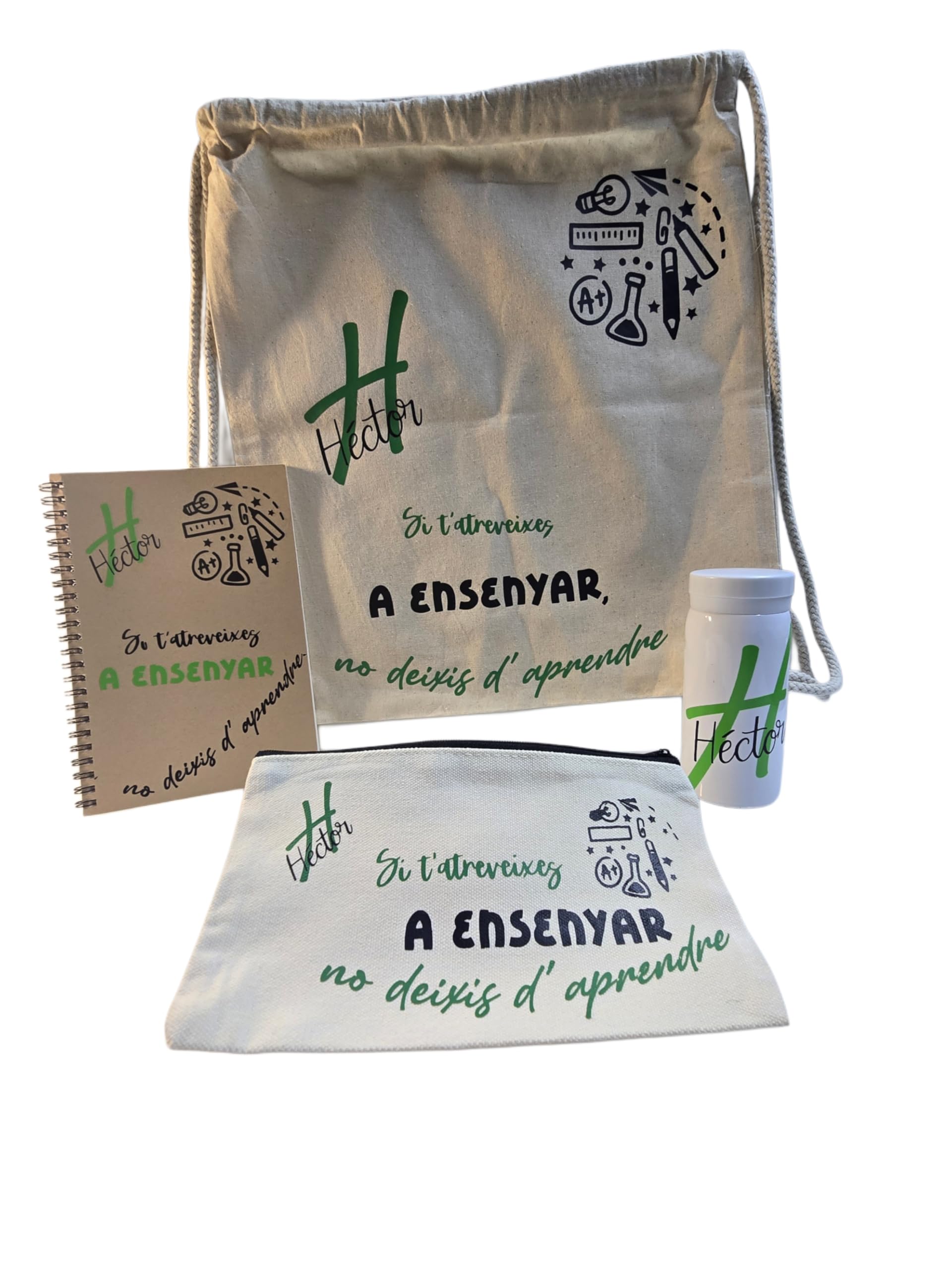 Set de Regalo Personalizado para Profesores - opcions amb català – Mochila o Tote Bag, Estuche, Libreta y Termo – con Nombre, Frase, Nombres de los Niños, Colegio y Curso – Fin de Curso Maestro/a
