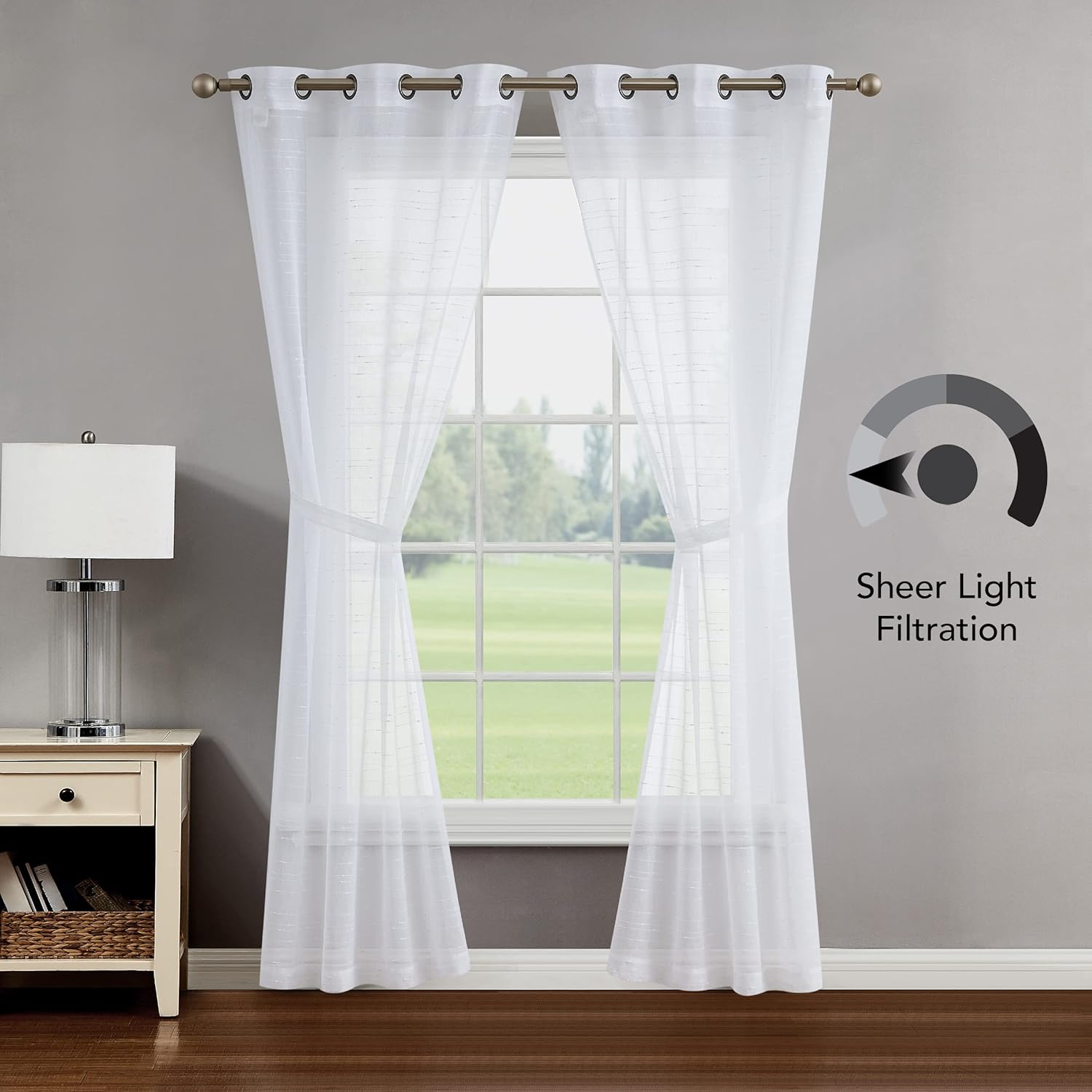 Creative Home Ideas Rosemary 38" x 96" Sheer Curtain | Light Filtering Window Drapes | Grommet Header | Set of 2 Panels with 2 Tiebacks | White