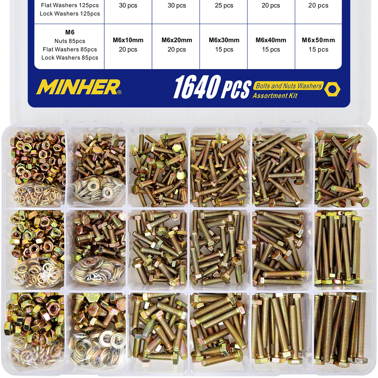 MINHER 1640 Pcs M4 M5 M6 Bullone Esagonale Bulloni e Dadi Rondelle piane e rondelle elastiche set in Acciaio legato di grado 8.8