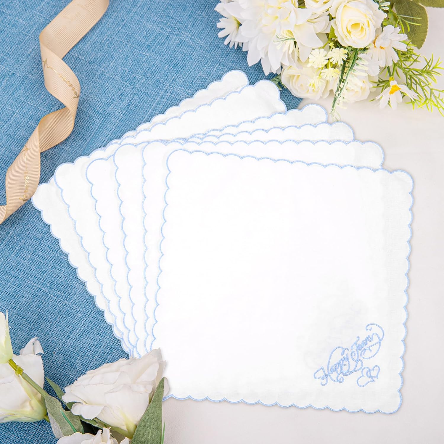 12PCS Wedding Handkerchief Bride 11" x 11" Happy Tears Cotton Mother Father Groom Bride Handkerchiefs with Scallop Lace Edges for Wedding Day - Image 3