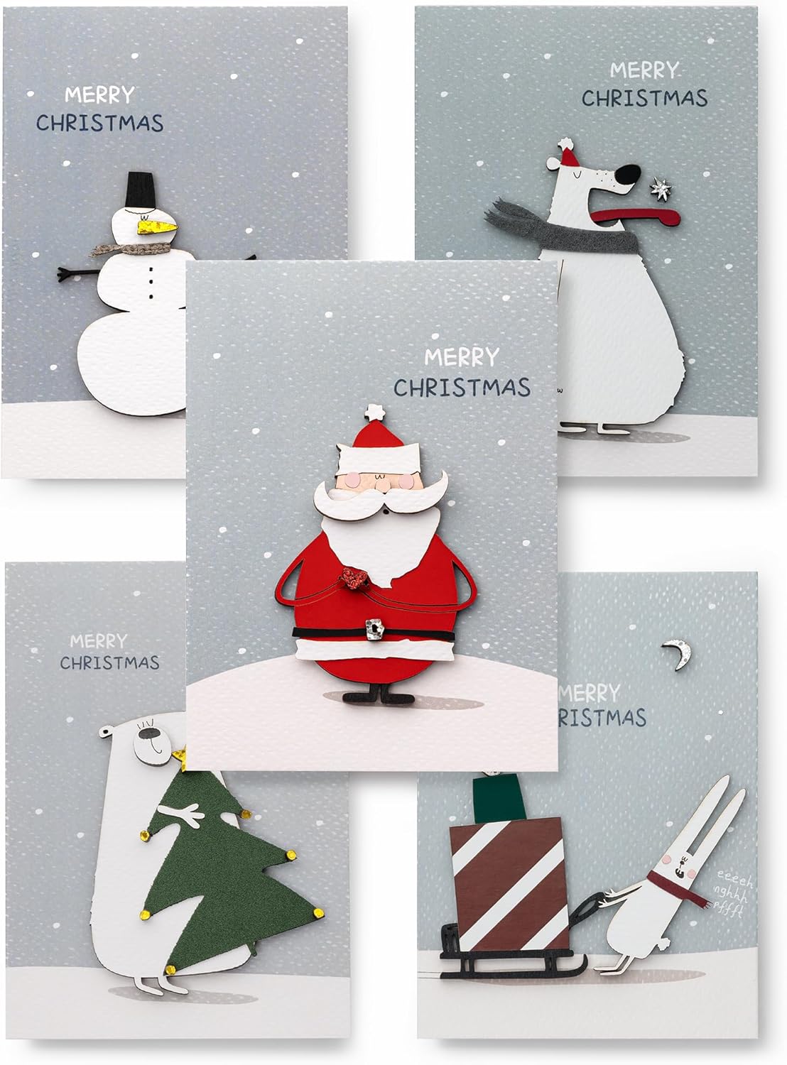 Handmade Christmas Cards with Premium 3D Wooden Design – Set of 5 Unique Gift Cards with Kraft Envelopes – Perfect for Friends & Family – Boxed Merry Christmas Collection (Magic Eve)