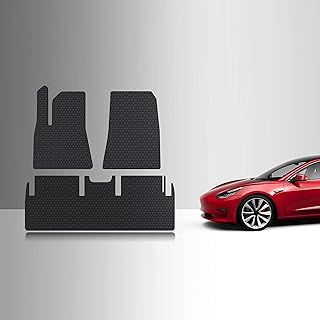 Floor Mats Accessories Set (Front Row + 2nd Row) for Tesla Model 3 Long Range/Performance All Weather Heavy Duty (Made in USA) Black Rubber Feb 2021-2023