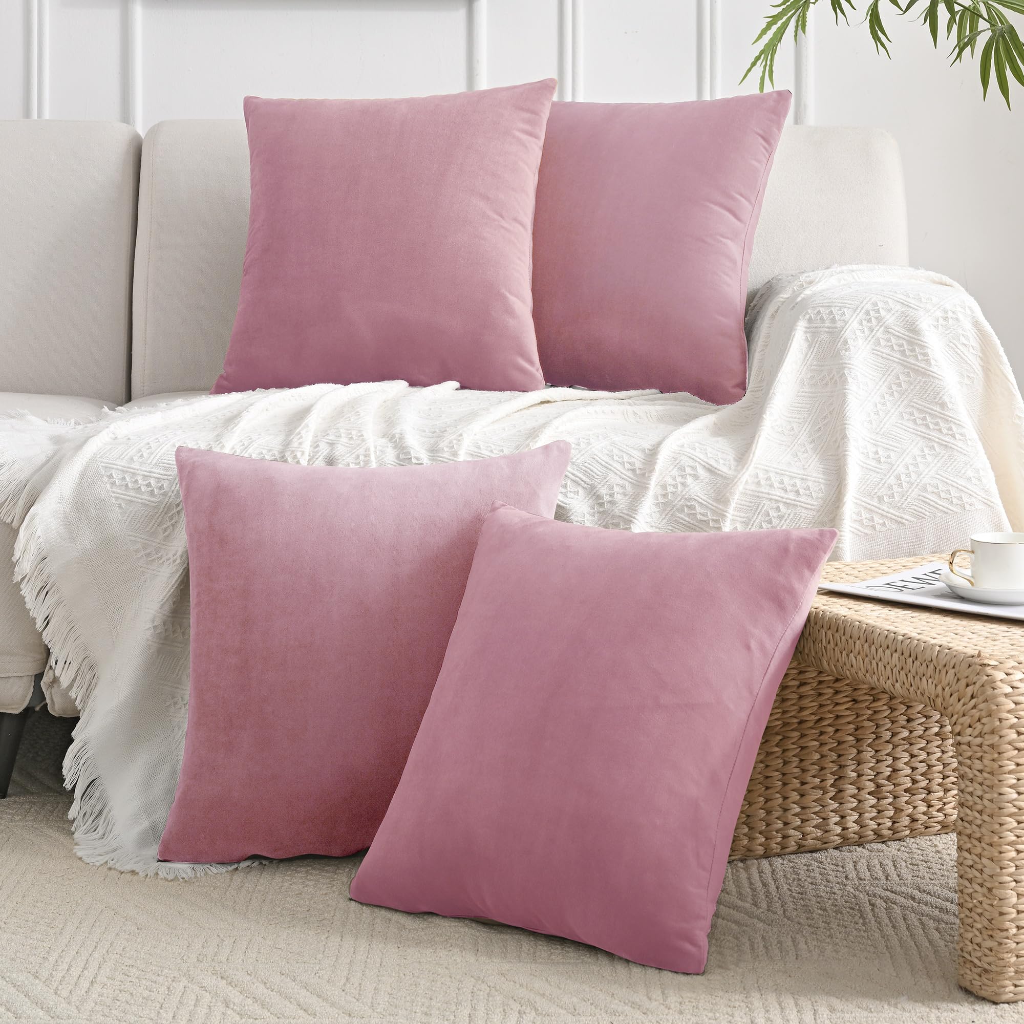 JELLYMONI Velvet Throw Pillow Covers Set of 4, 18 x 18 Inch Blush Pink Decorative Cushion Covers, Soft Square Pillowcases for Sofa, Couch, Bed – No
