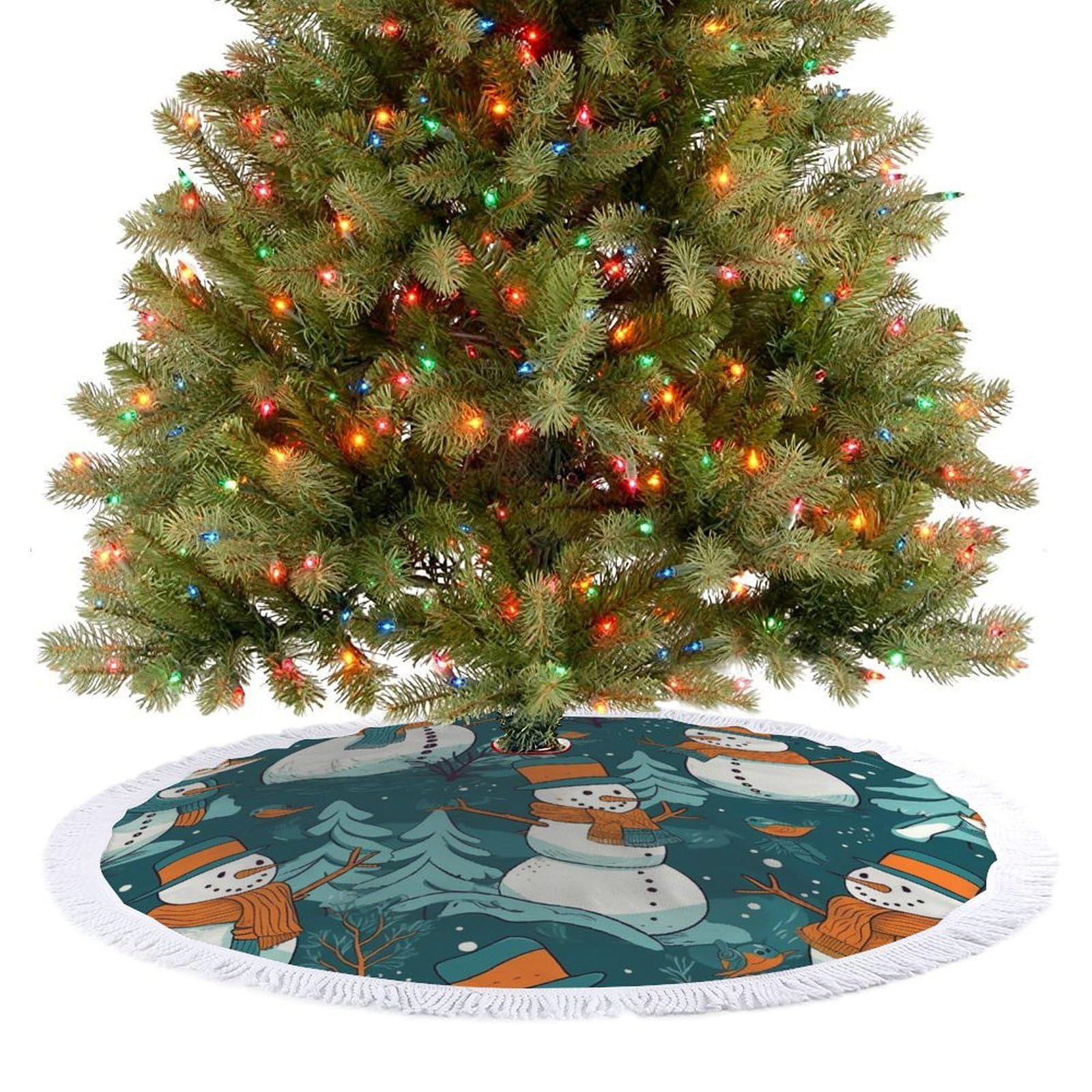 Snowman Pattern Christmas Tree Skirt 48"x48" Rustic Xmas Tree Mat with Tassel Ornament Christmas Trees Cover Skirt Mat for Evergreen Trees Ornament Winter Holiday Mats Decorations
