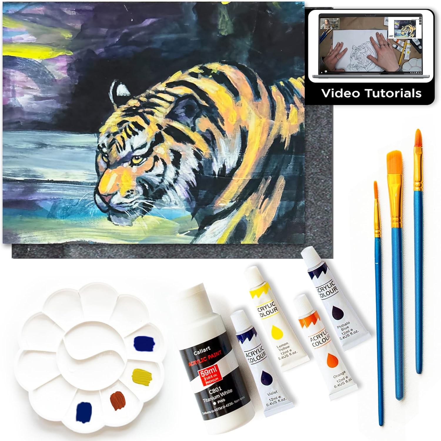 DIY Painting Class Kits for Adults with Video Tutorials, Learn to Paint Abstract Tiger, How to Paint with Acrylic Paint Sets for Adult, 9 Peices Art Set & Painting Supplies Gifts for Mom
