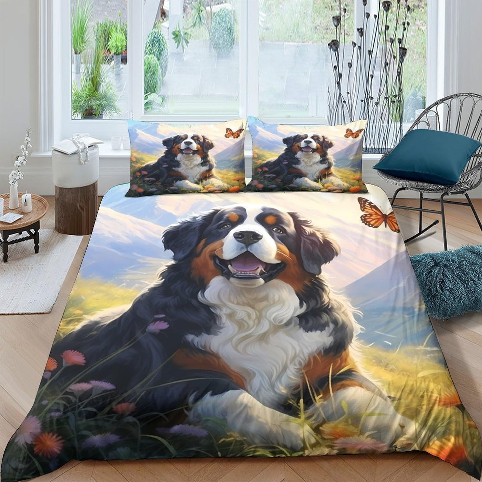 GPLZQXKJNH 3D Printed Bernese Mountain Dog Duvet Cover Microfiber Soft Breathable Meadow Bedding Set with 2 Pillowcases for Bedroom Decor Single（135x200cm）