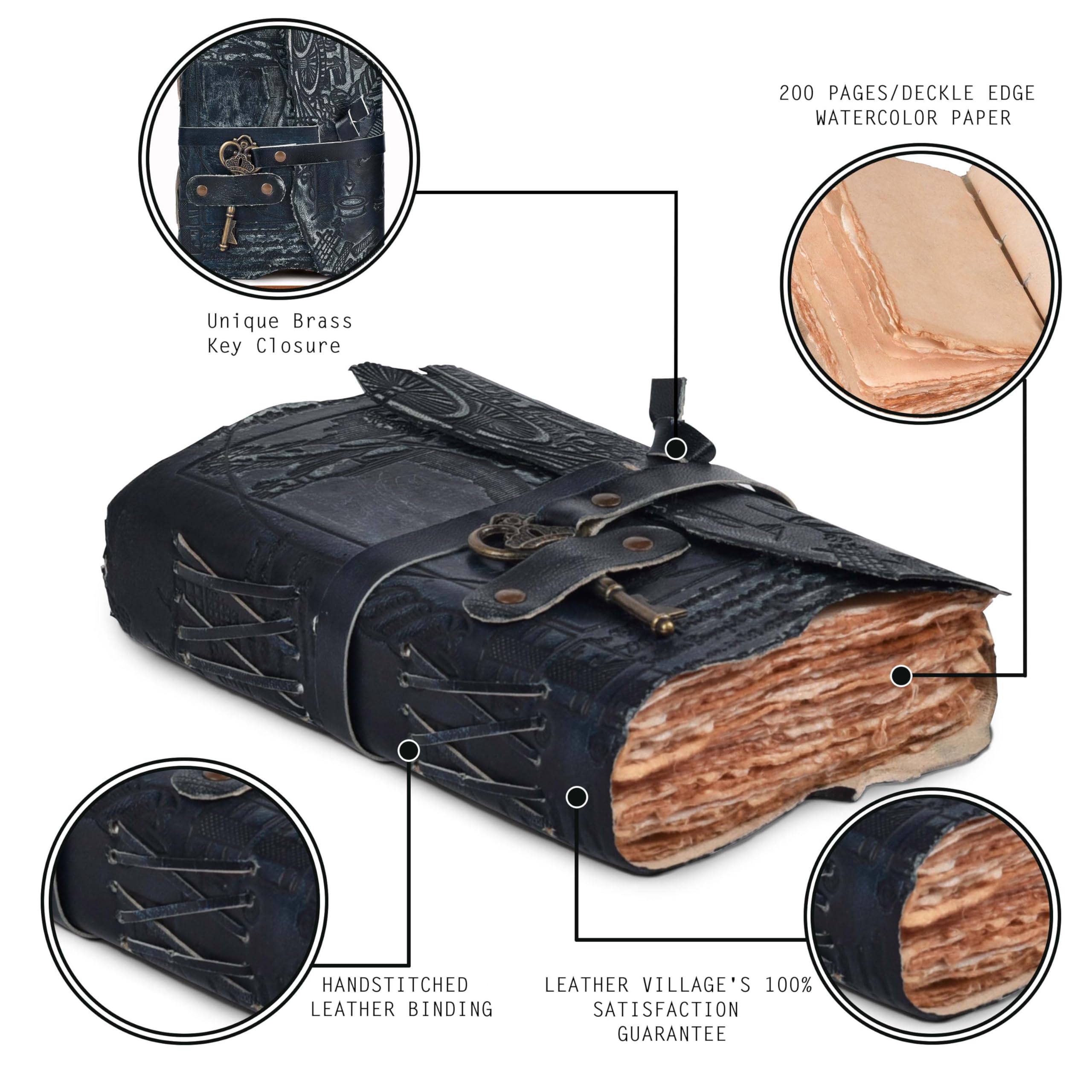 LEATHER VILLAGE Genuine Leather Handmade Journal for Men & Women- Key Closure- Book of Shadow- Handwork Embossed Vintage Deckle Edge Paper - Image 3
