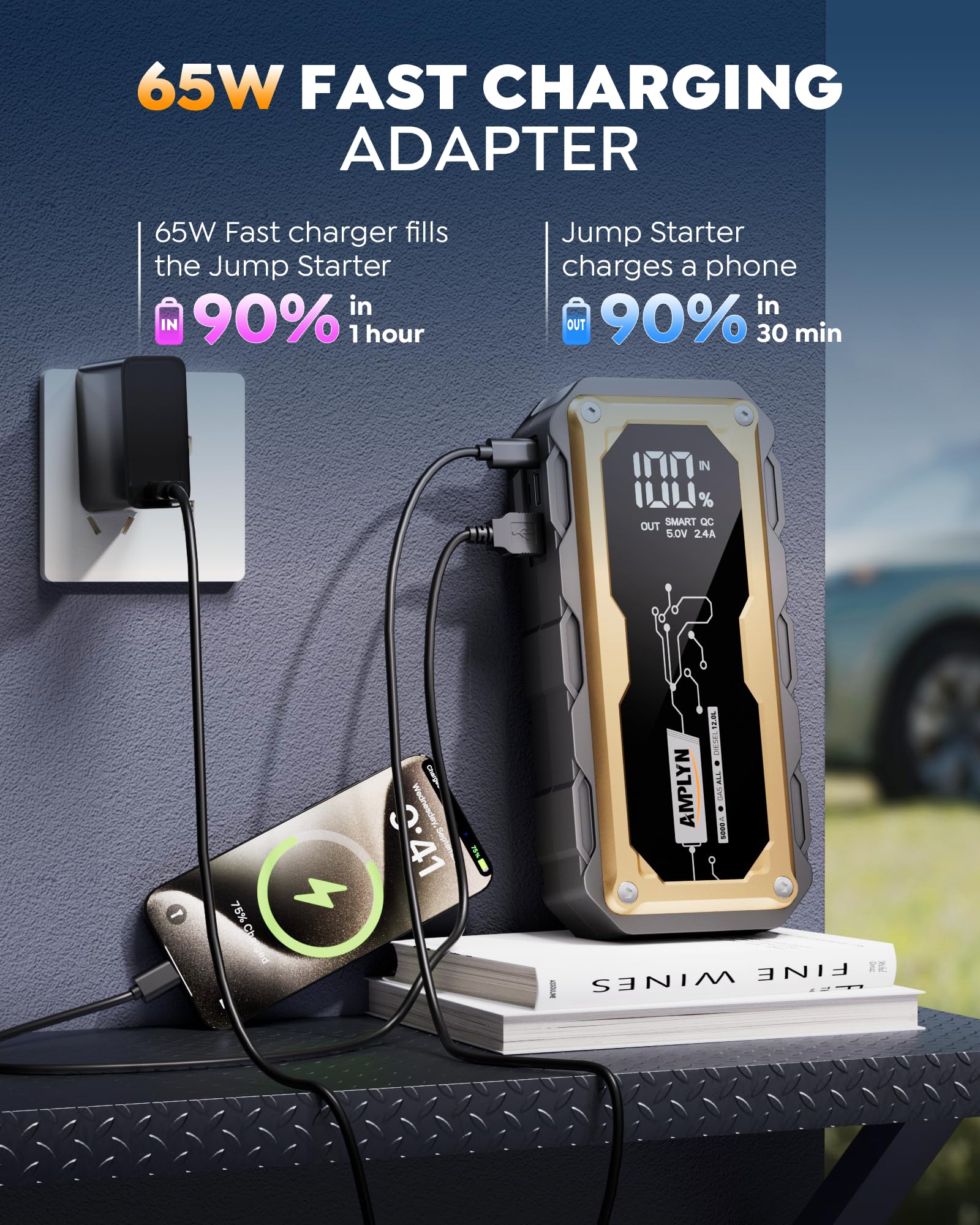 Car Jump Starter with 65W Quick Charger 24000mAh Battery Pack 12V Car Battery Jumper Starter Portable LED Display — view 2