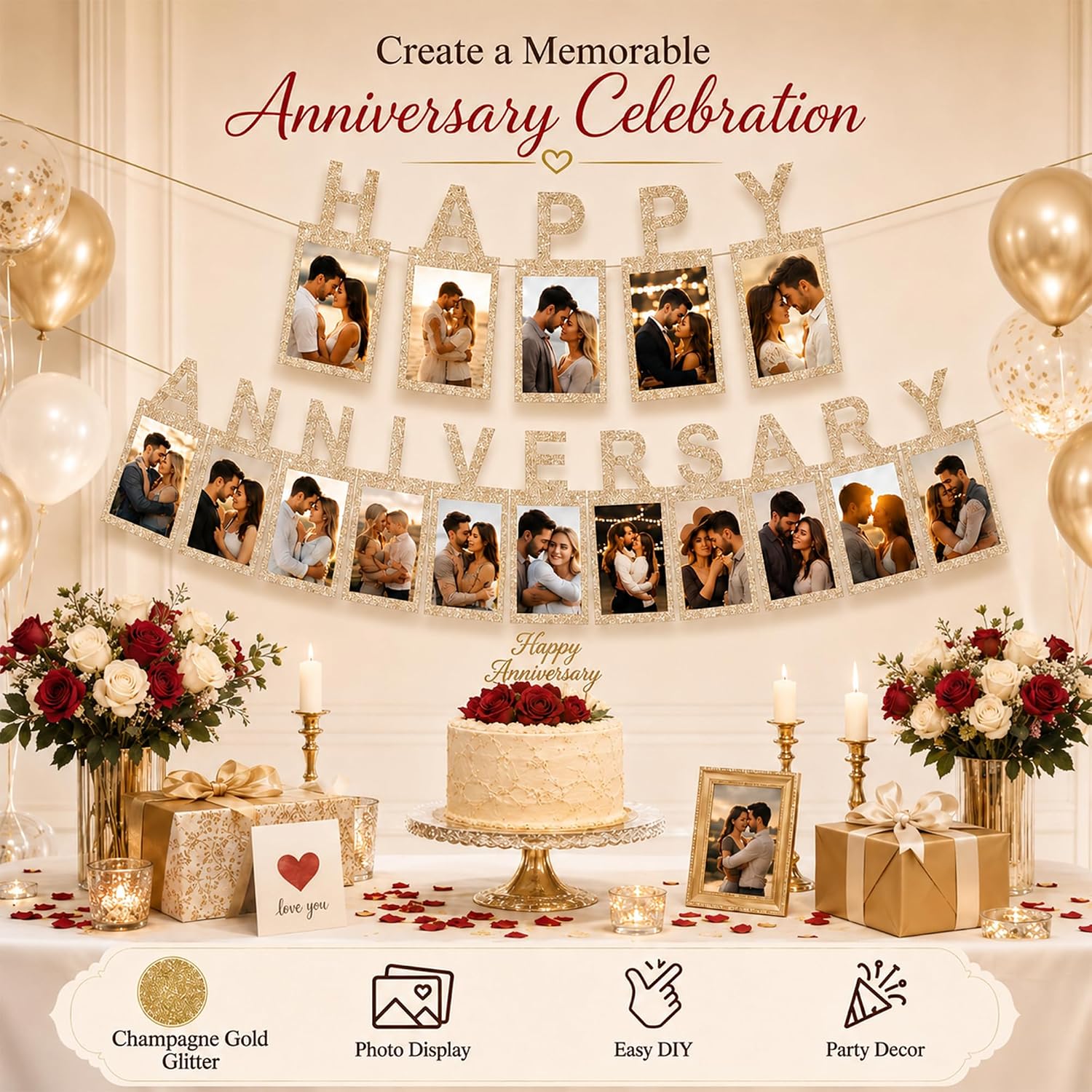 Champagne Gold Happy Anniversary Banner with DIY Photo Display, Glitter Picture Garland with Adhesive Dots, Anniversary Decorations for Wedding Anniversary, Engagement, Couple Party Supplies
