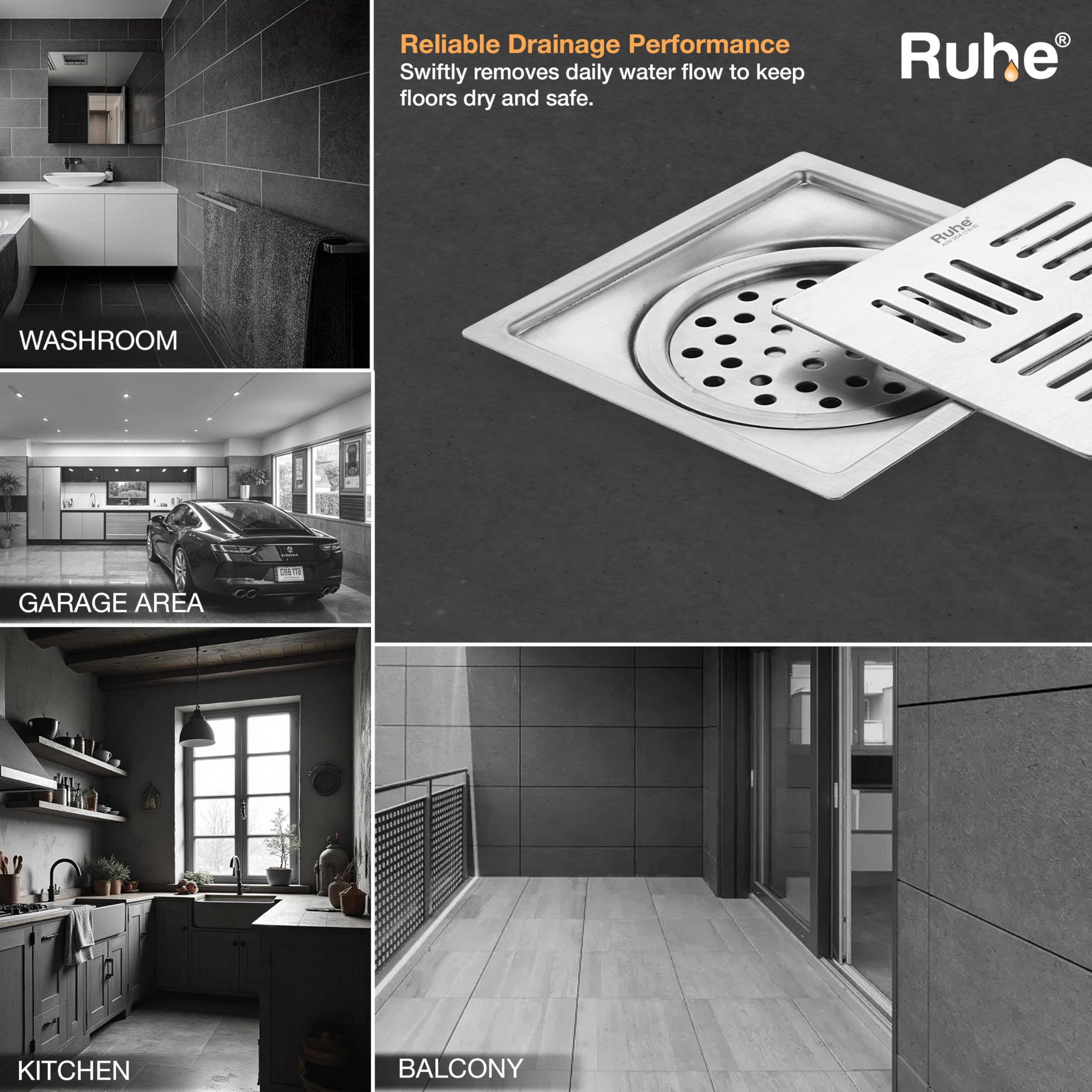 Ruheยฎ Ruby Exclusive Square Flat Cut Floor Drain with Cockroach Trap for Bathroom, Balcony, Home | 304-Stainless Steel Floor Drain | 5 x 5 inches 4