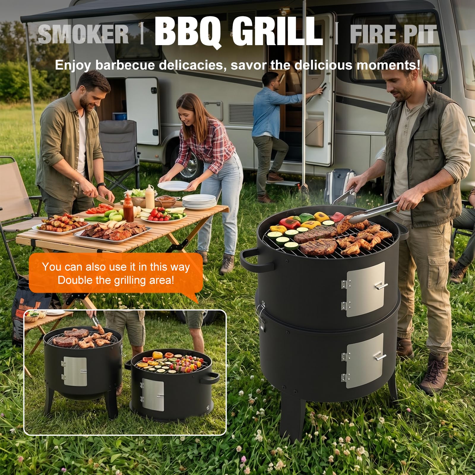 Ahumador de carbón de 16 pulgadas, parrilla vertical para barbacoa, hoguera al aire libre de 402 pulgadas cuadradas, área de cocción, parrilla versátil para ahumar al aire libre, color negro