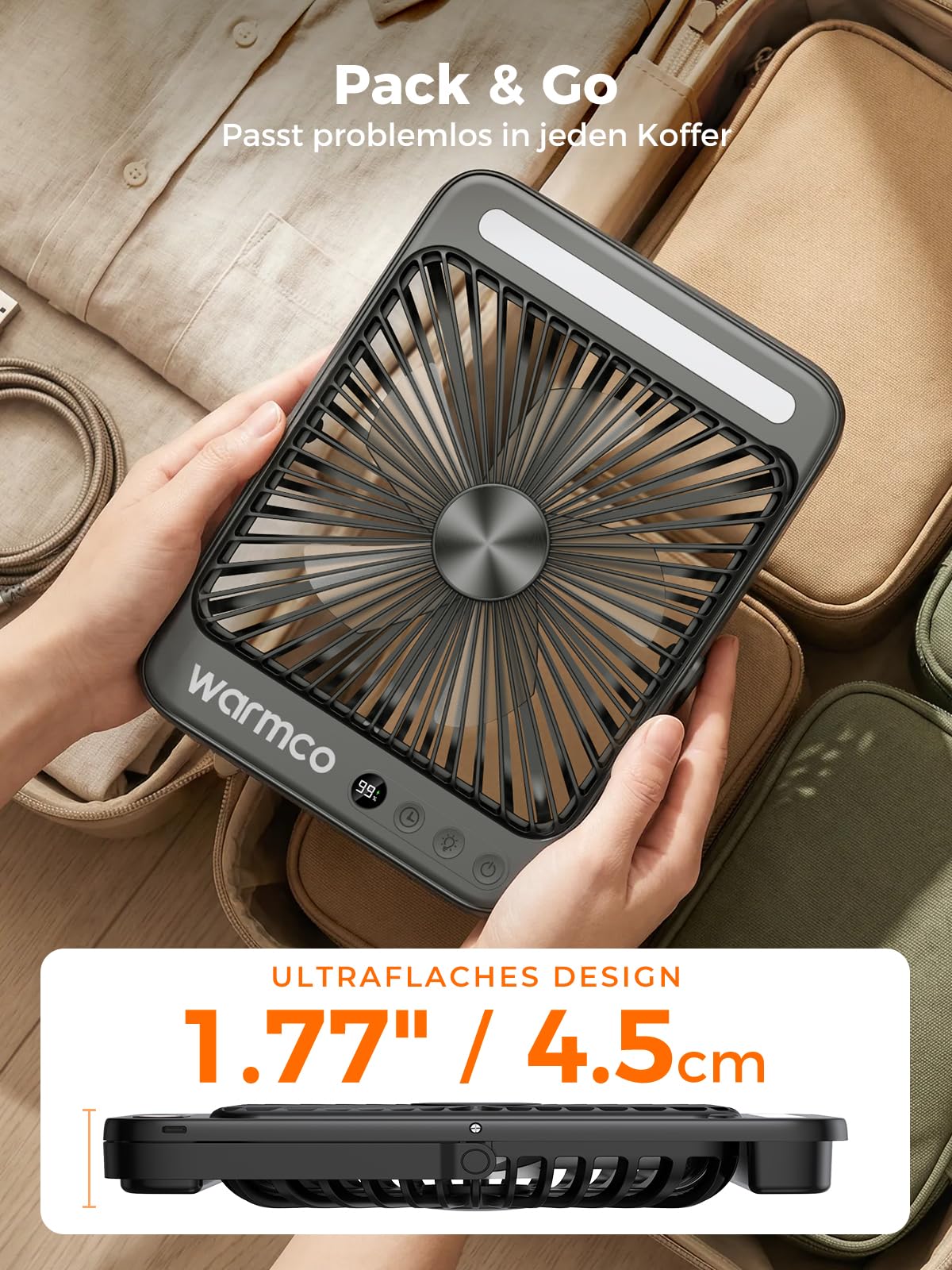 Warmco D4 Pro Camping Ventilator 20000mAh, 18W Laden, 22,5W Ausgang | 48 Std. Laufzeit, 8H Timer, LED-Licht & Haken, Leiser Ultraflacher Ventilator Für Zelt, Schlafzimmer, Wohnmobil