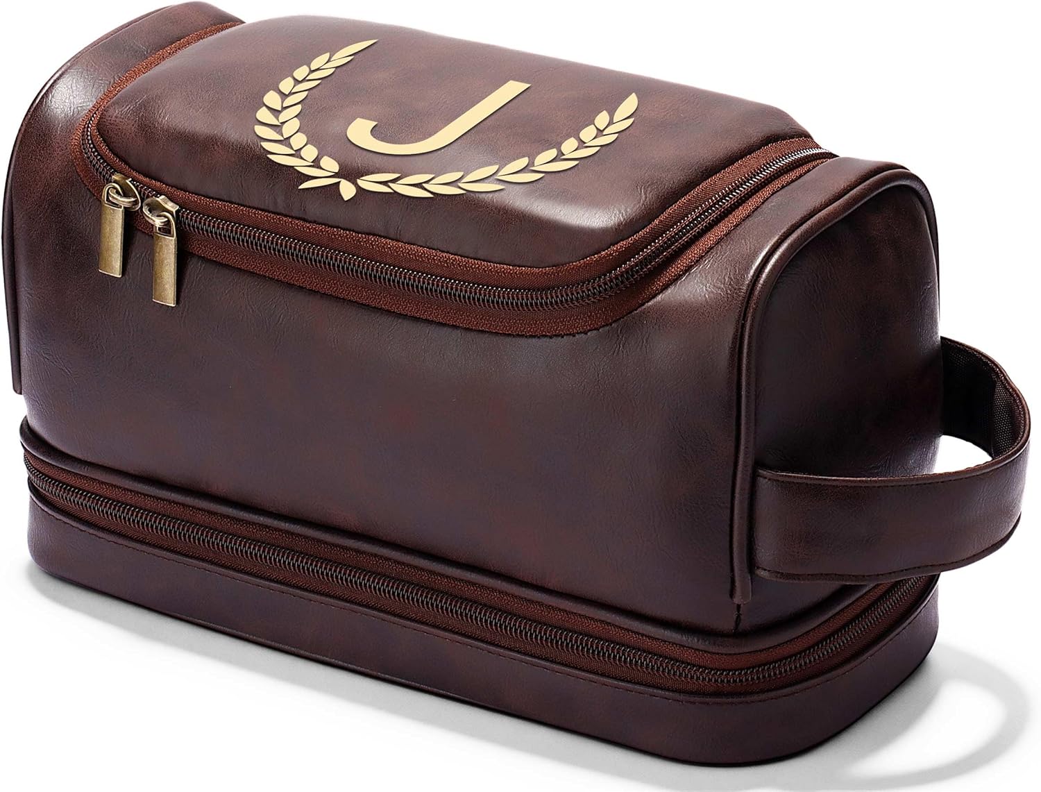 OXYEFEI Personalized Toiletry Bag for Men,Personalized Gifts for Men for Husband Dad, Custom Monogrammed PU Leather Waterproof Mens Toiletry Travel Essential Dopp Kit Shaving Bag (J, Tea Brown)