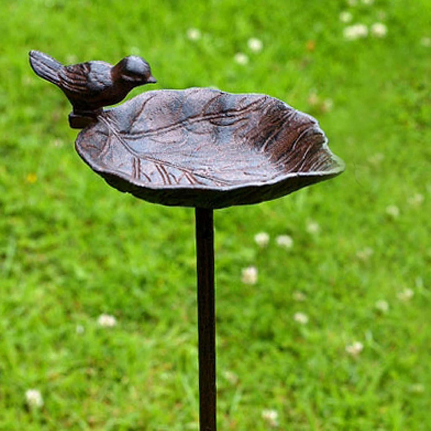 Country-Style, Leaf with Bird, Garden Stake Bird Bath, Cast Iron, 3 Feet 2 ½ Inches Tall