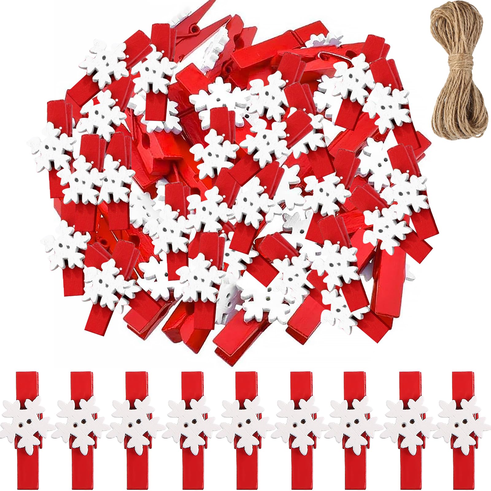 Pack of 50 Small Wooden Pegs Christmas, Mini Decorative Pegs Christmas with 10 m Hemp Rope, Christmas Clothes Pegs, Christmas Wooden Clips for Christmas Tree Hanging DIY Photo (Red)