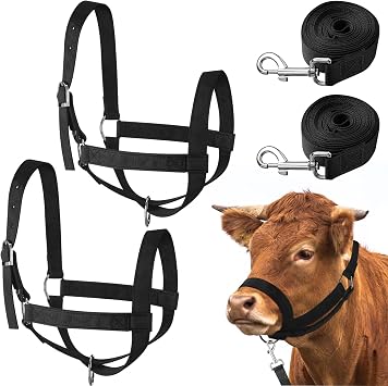 Windyun 2 Pieces Nylon Cow Halter with 2 Pieces Leading Rope Adjustable Foal Halter Horse Calf Harness for Donkey Cattle Goat TrainingBlack