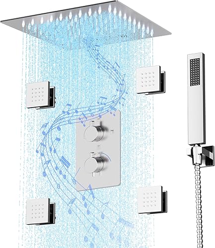 Sistema de ducha de lluvia con chorros corporales, sistema de ducha inteligente LED de 12 pulgadas con ducha de lluvia y mano, juego de grifo de