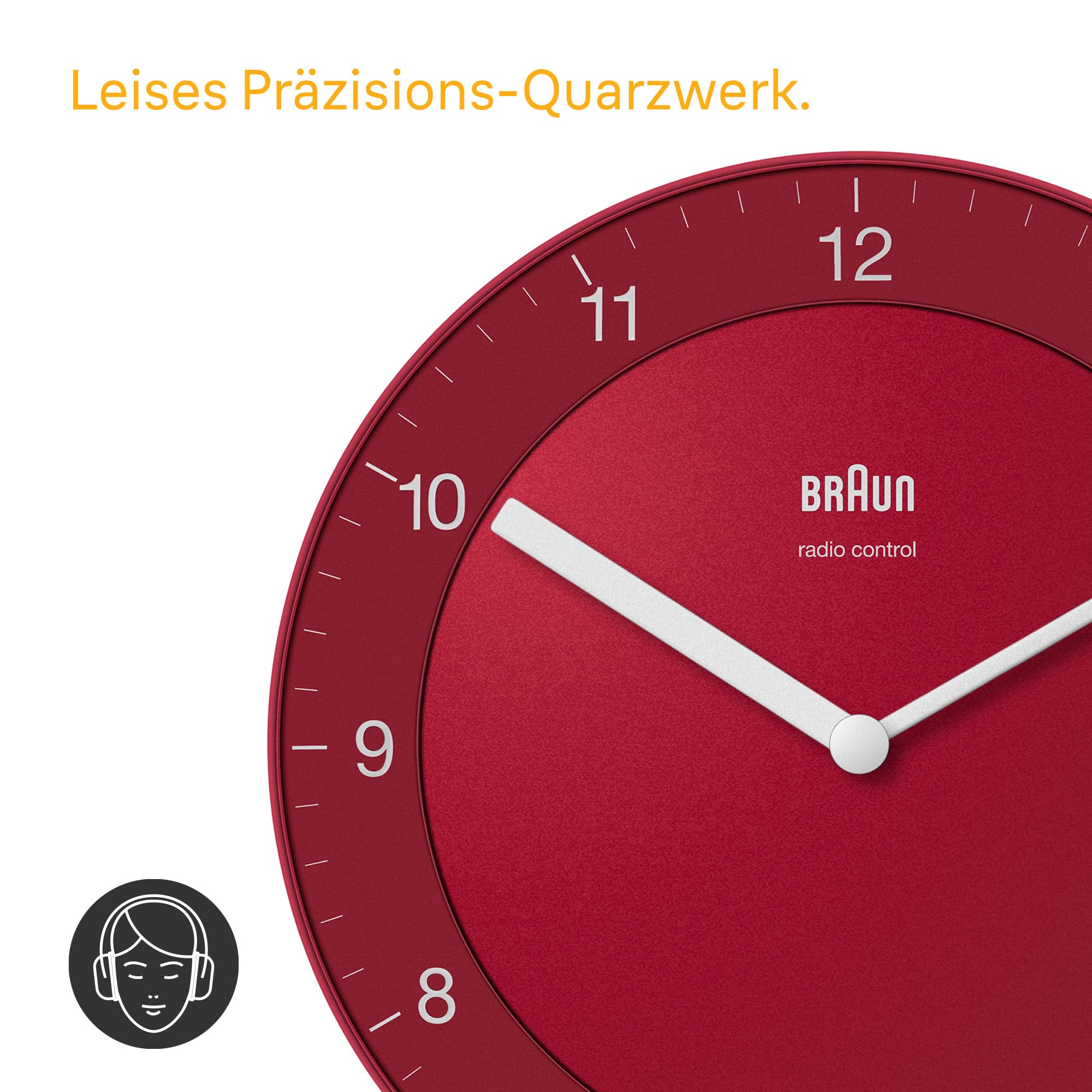 Braun Klassische Funkwanduhr Mitteleuropäische Zeitzone (MEZ/GMT+1) mit ruhigem Uhrwerk, leicht lesbarem Zifferblatt mit 20 cm Durchmesser in Rot, Modell BC06R-DCF.