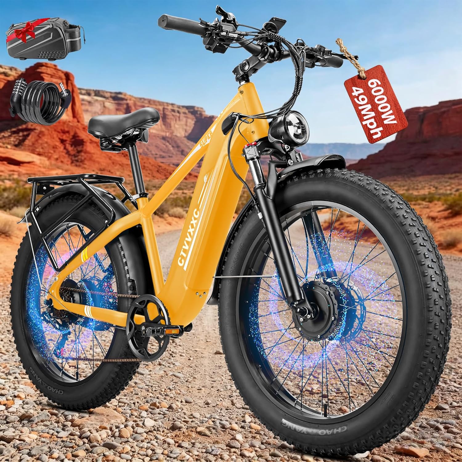 6000W Peak Power Dual Motor Electric Bike for Adults, 49 Mph, 52V 26A, 26'' x 4'' Fat Tire All Terrain Ebikes, Disc Brakes E Bike, SHM 7-Speed Gear Electric Bicycle for Road & Mountain